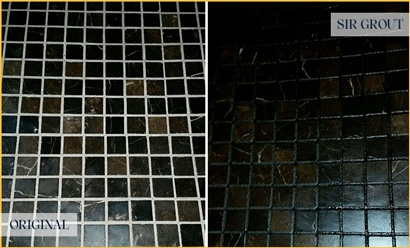 Before and After Picture of Grout Lines Recolored and Sealed to Match Black Tile's Color